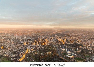 Aerial view of Melbourne, Australia, taken from a hot air balloon at dawn.