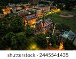 Aerial view of Memorial Chapel at Wesleyan University in Middletown Connecticut at dusk