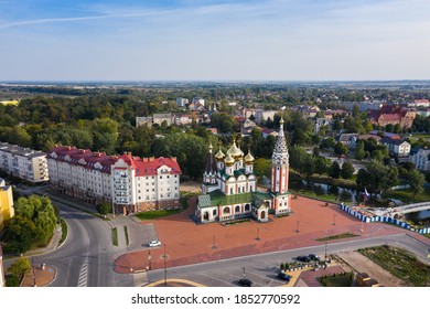 Aerial view of the Memorial Church in honor of All Saints in Gusev, Russia