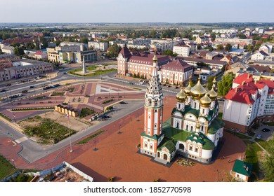 Aerial view of the Memorial Church in honor of All Saints in Gusev, Russia
