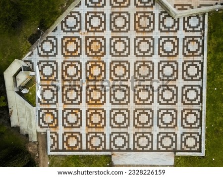 Aerial view of memorial complex The Defenders of Stara Zagora in city of Stara Zagora, Bulgaria, near Sofia. Drone Birds Eye view in Bulgaria, to commemorate the battle.