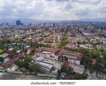 aerial view of Mexico City with Benito Juarez primary school in foreground and background the World Trade Center building