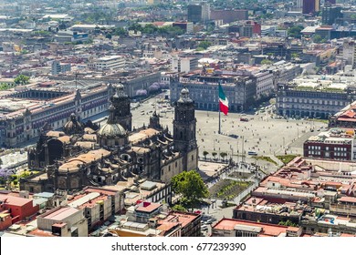 Aerial View Of Mexico City With Zócalo, Flag And Most Important Buildings Of Mexico's Government
