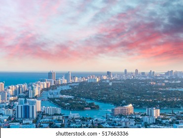 Aerial View Of Miami Beach At Sunset.