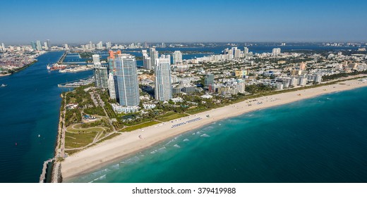 aerial view of miami's south beach on clear blue sky morning - Shutterstock ID 379419988
