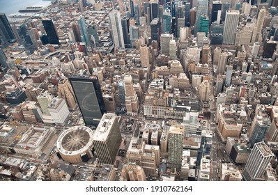 Aerial View Of Midtown And Madison Square Garden, New York City From Helicopter.