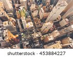 Aerial view of Midtown Manhattan at sunset with a view of St Patrick