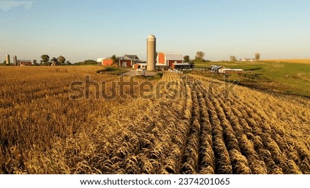 Aerial view of the Midwest USA in autumn. Rural landscape, countryside. Farmland, Agriculture field