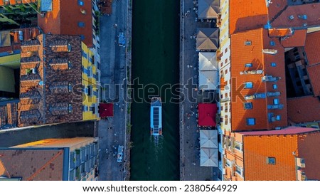 Aerial view of Milan cityscape. The theatrical performance is filmed in the air. Milano-Darsena area. Darsena freshwater canals in the city. Roof. reflection. Milan, Italy, 10.2023