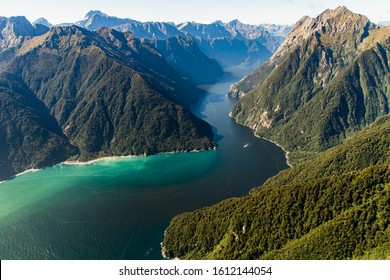 Aerial view of Milford Sound, in New Zealand, took on a touristic aircraft