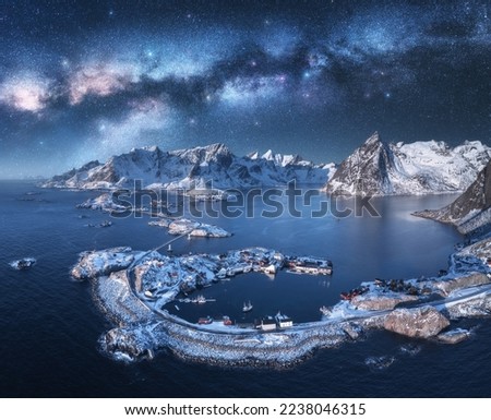 Similar – Image, Stock Photo Fjord with Milky Way in the sky. View of mountains and fjord landscape in Norway
