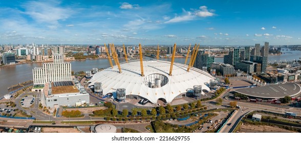 Aerial view of the Millennium dome in London. Panoramic photo of O2 arena, London.
