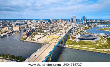 Aerial View of Milwaukee Bridge, Stadium, and Urban Skyline