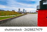 Aerial View of Milwaukee Pierhead Lighthouse and Hoan Bridge at summer day