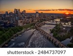 Aerial View of the Minneapolis, Minnesota Skyline at Sunset and Sunrise