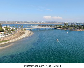 Aerial view of Mission Bay and beaches in San Diego, California. USA. Community built on a sandbar with villas and recreational Mission Bay Park. Californian beach-lifestyle.