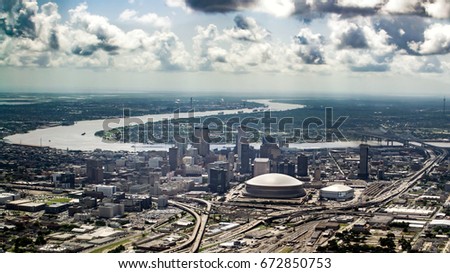 Aerial view of Mississippi river and Downtown, New Orleans, Louisiana