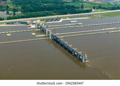 Aerial View Of Mississippi River Flood Passing Over Melvin Price Locks And Dam.