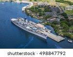 Aerial view of Missouri Battleship in Pearl Harbor, Honolulu, Hawaii, USA