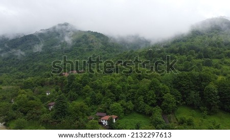An aerial view of mist-clad rural houses on hilltop surrounded by vegetation