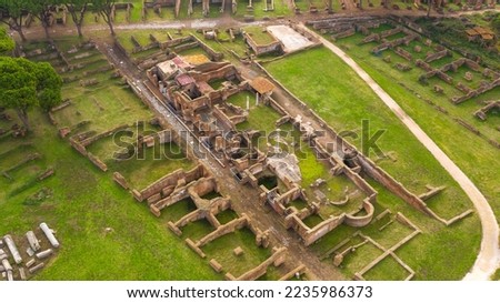 Aerial view of Mithraeum of Ostia Antica, private baths of Mithras from the Hadrian period. These Roman ruins are located in the archaeological area of Ostia, near Rome, Italy.