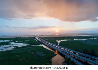 Aerial View Of Of Mobile Bay, Alabama At Sunset