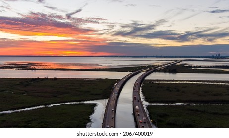 Aerial view of Mobile Bay, Alabama and the interstate 10 bridge at sunset 