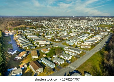 Aerial View Of Mobile Home Trailer Park Community In Delaware USA Popular Low Income Housing Solution
