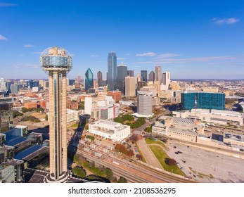 Aerial View Of Modern City Skyline Including Reunion Tower, Bank Of America Plaza, Renaissance Tower, Fountain Place, Etc At Downtown Dallas, Texas TX, USA. 