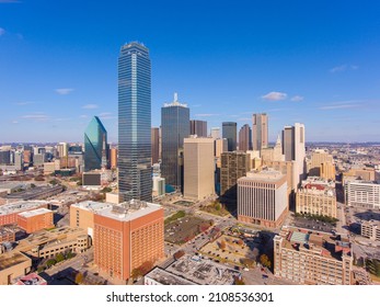 Aerial View Of Modern City Skyline Including Bank Of America Plaza, Renaissance Tower, Fountain Place, Etc At Downtown Dallas, Texas TX, USA. 