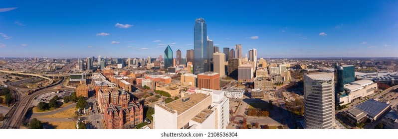 Aerial View Of Modern City Skyline Including Bank Of America Plaza, Renaissance Tower, Fountain Place, Etc At Downtown Dallas, Texas TX, USA. 