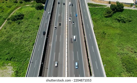 Aerial View Of Modern Highway. Drone Point Of View.