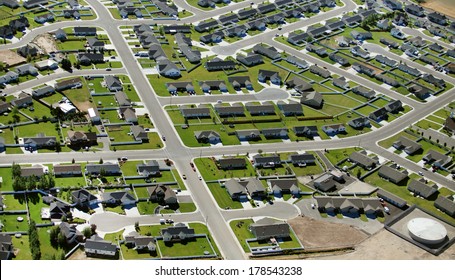 An aerial view of a modern housing subdivision