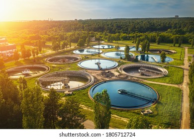 Aerial view of modern industrial sewage treatment plant at sunset - Shutterstock ID 1805712724