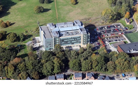 Aerial View Of A Modern Office Block With Car Park In England, UK