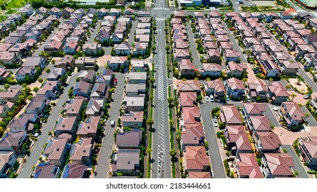 Aerial View Of Modern Residential Area With Solar Panels.