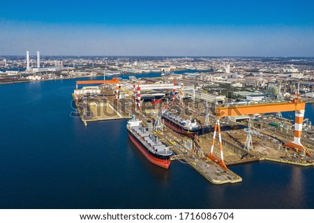 Aerial view of modern shipyard.