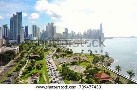  Aerial view of the modern skyline of Panama City , Panama with modern Highrise buildings.
