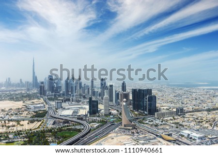 Aerial view of modern skyscrapers, Dubai, United Arab Emirates.