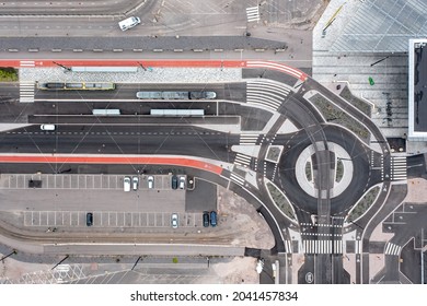 Aerial View Of The Modern Street With The Tram Stop And The Red Bicycles Paths. Helsinki, Finland.