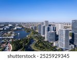 Aerial View of a Modern Urban Landscape with River and Parks  