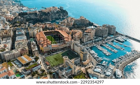 Aerial view of Monaco City and The Stade Louis II Stadium venue for football, home of AS Monaco, located in the Fontvieille district ft. famous Monte-Carlo, Cap d’Ail Marina, Monaco Ville 5.5K UHD 