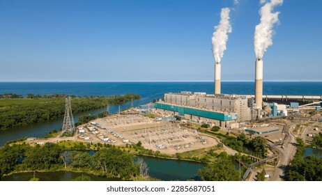 Aerial view of the Monroe Coal-Fired Power Plant on the shore of Lake Erie, Monroe Michigan - Shutterstock ID 2285687051
