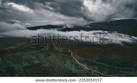 aerial view of montain in a clouds Llanfairfechan, North Wales, Cymru, UK