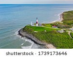 Aerial view of the Montauk Lighthouse and beach in Long Island, New York, USA.