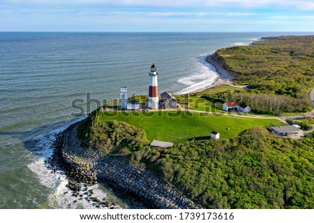 Aerial view of the Montauk Lighthouse and beach in Long Island, New York, USA.