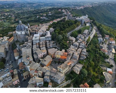 Aerial view of Montefiascone,  Cathedral of Santa Margherita that has one of the largest domes in Italy (27 meters of diameter). Birds eye of Italian city on Bolsena lake, in Viterbo, Lazio, Italy. 