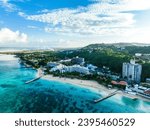 Aerial view of Montego Bay waterfront with hotel and beaches.