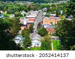 Aerial view of Montour Falls, a small historic village - cityscape at the Main Street, in upstate New York.  It’s a few minutes to hot tourists area of Watkins Glen and the Seneca lake. 