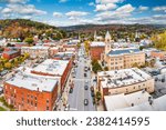 Aerial view of Montpelier, VT cityscape along Main Street on a sunny day with fall foliage colors. Montpelier is the capital of the U.S. state of Vermont and the county seat of Washington County.